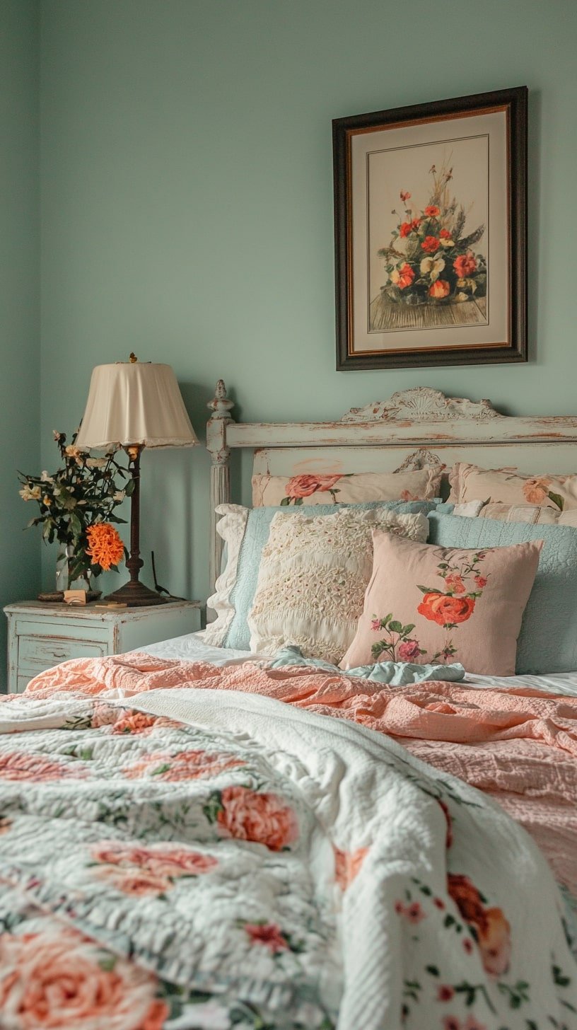 Pastel Bedroom with Quirky Decor and Mismatched Lamps