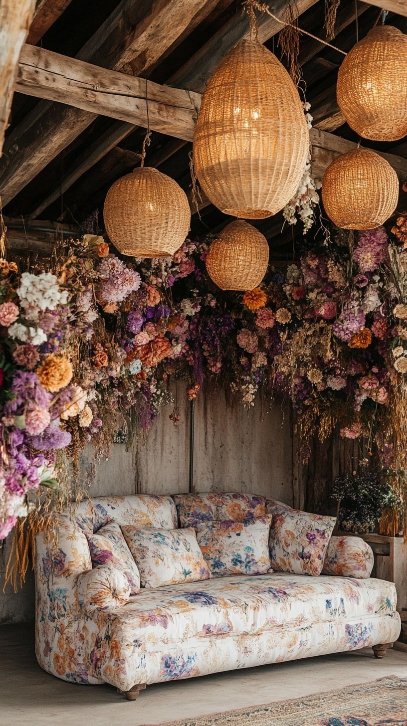 Pastel Floral Sofa with Hanging Lanterns