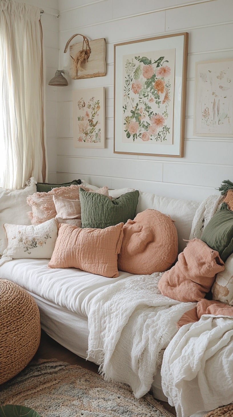 Pastel Layered Textiles with Whimsical Wall Art