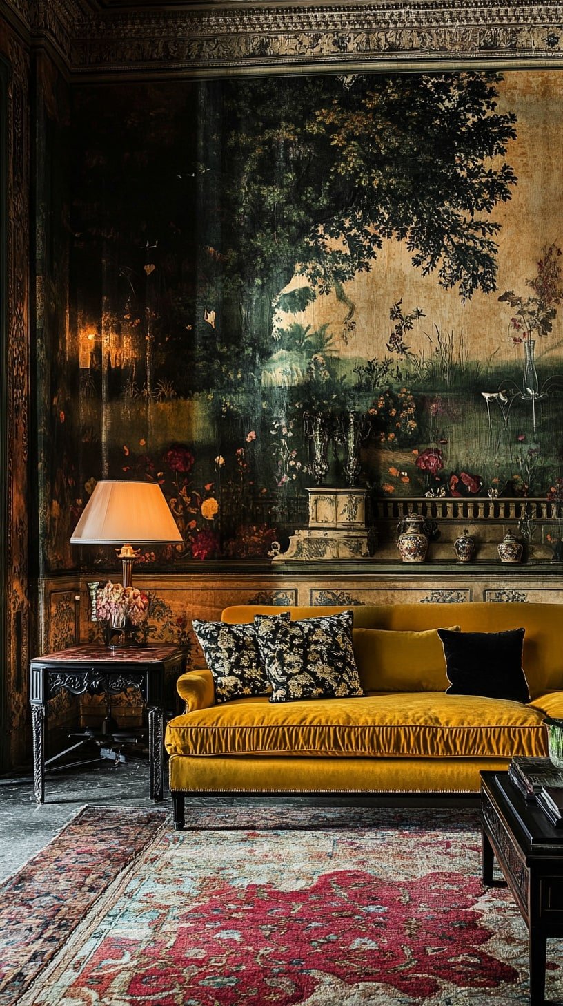 Patterned Yellow Sofa with Wallpaper and Vintage Rugs