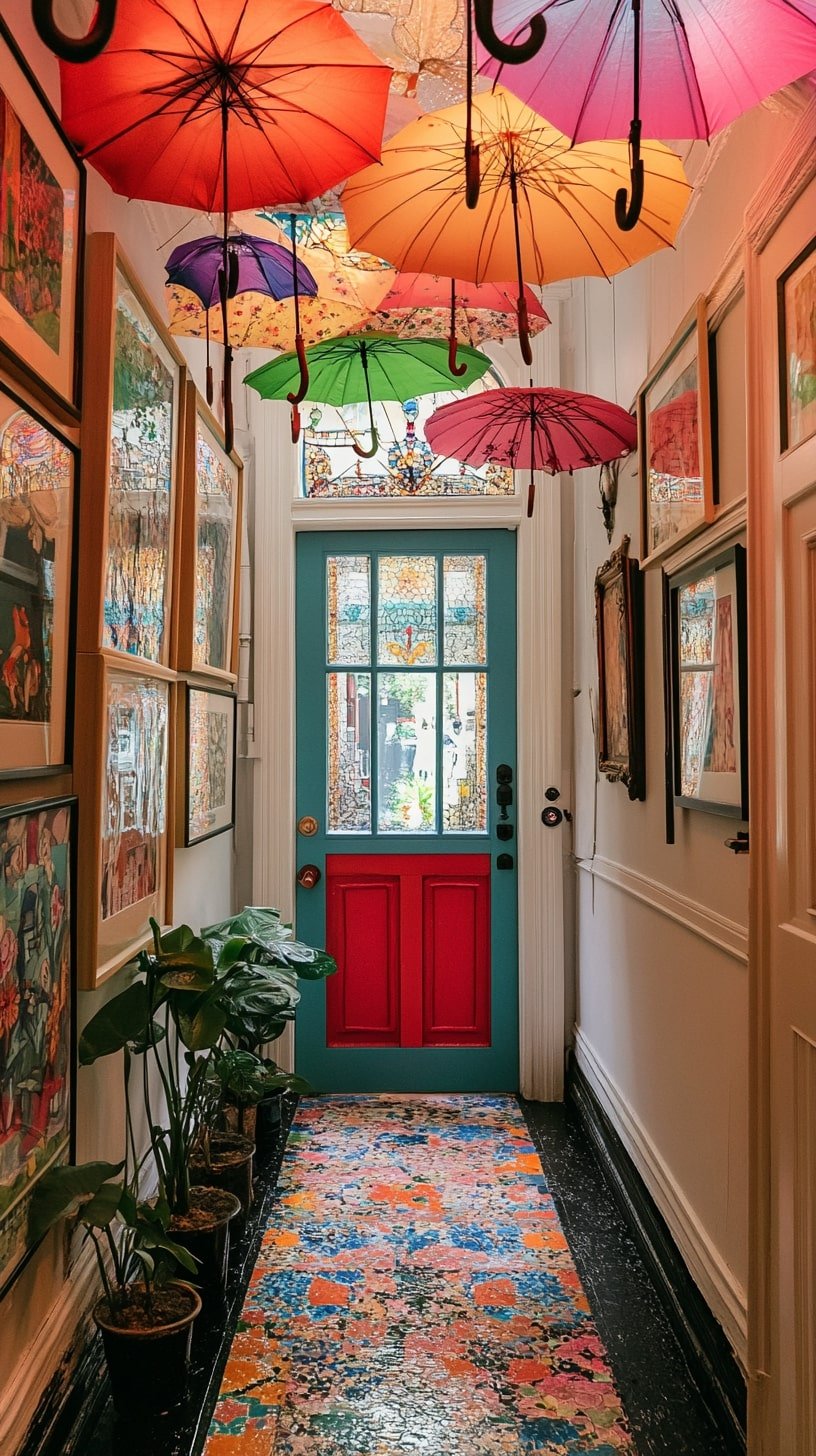 Playful Entryway with Gallery Wall and Hanging Umbrellas