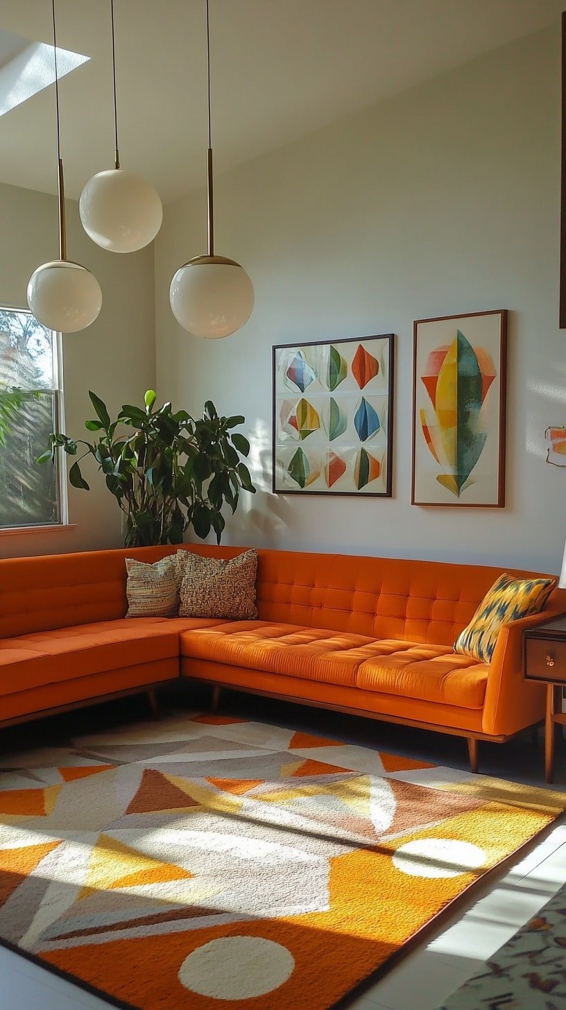 Retro-Inspired Room with Mid-Century Orange Sectional