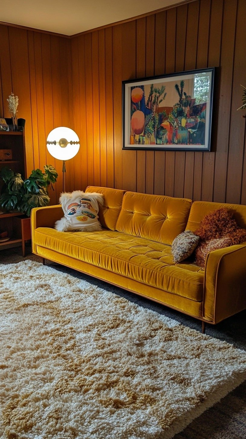  Retro Living Room with Mustard Sofa and Paneled Walls