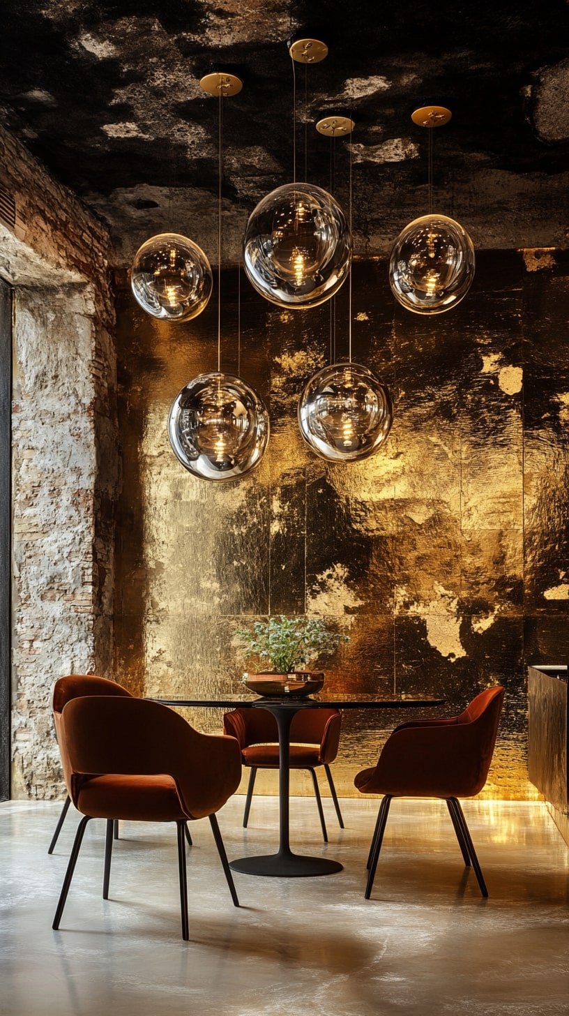 Retro-Mod Glam Living Room with Bubble Lighting and Gold Walls