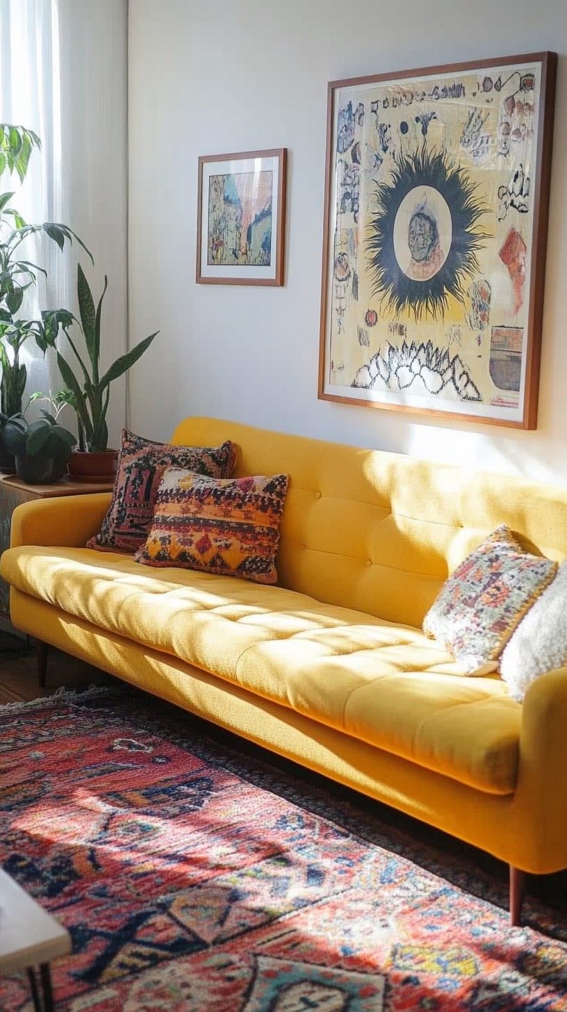 Retro Room with Sunflower Couch and Vintage Posters