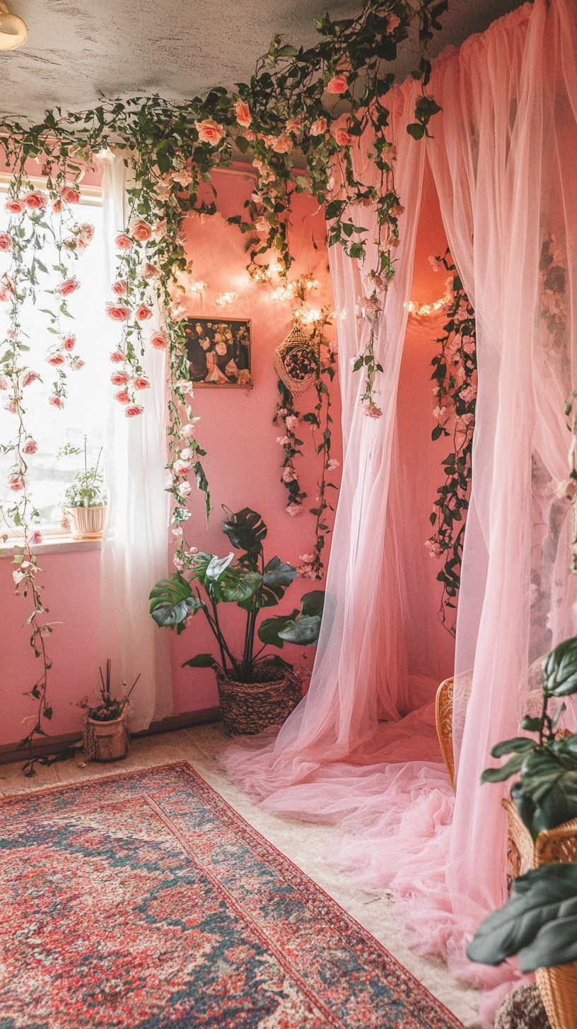 Rose Garland Wall and Tulle Curtains