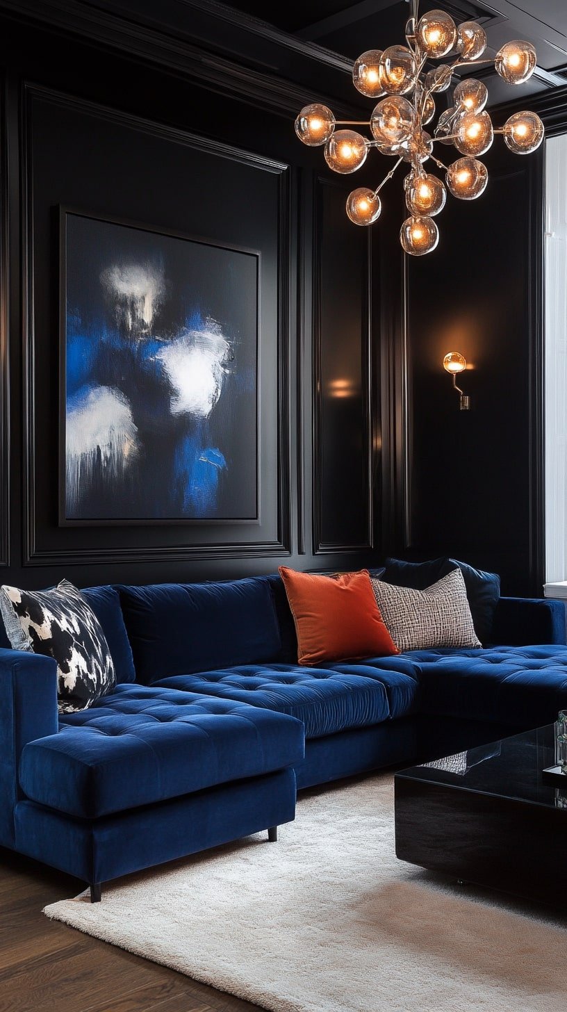 Royal Blue Couch in Black and White Interior
