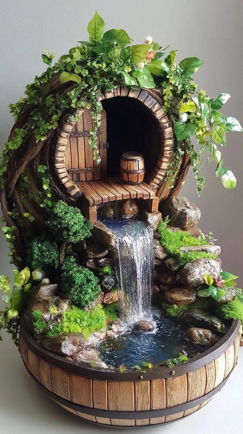 Rustic Barrel Fairy Garden with Waterfall Feature