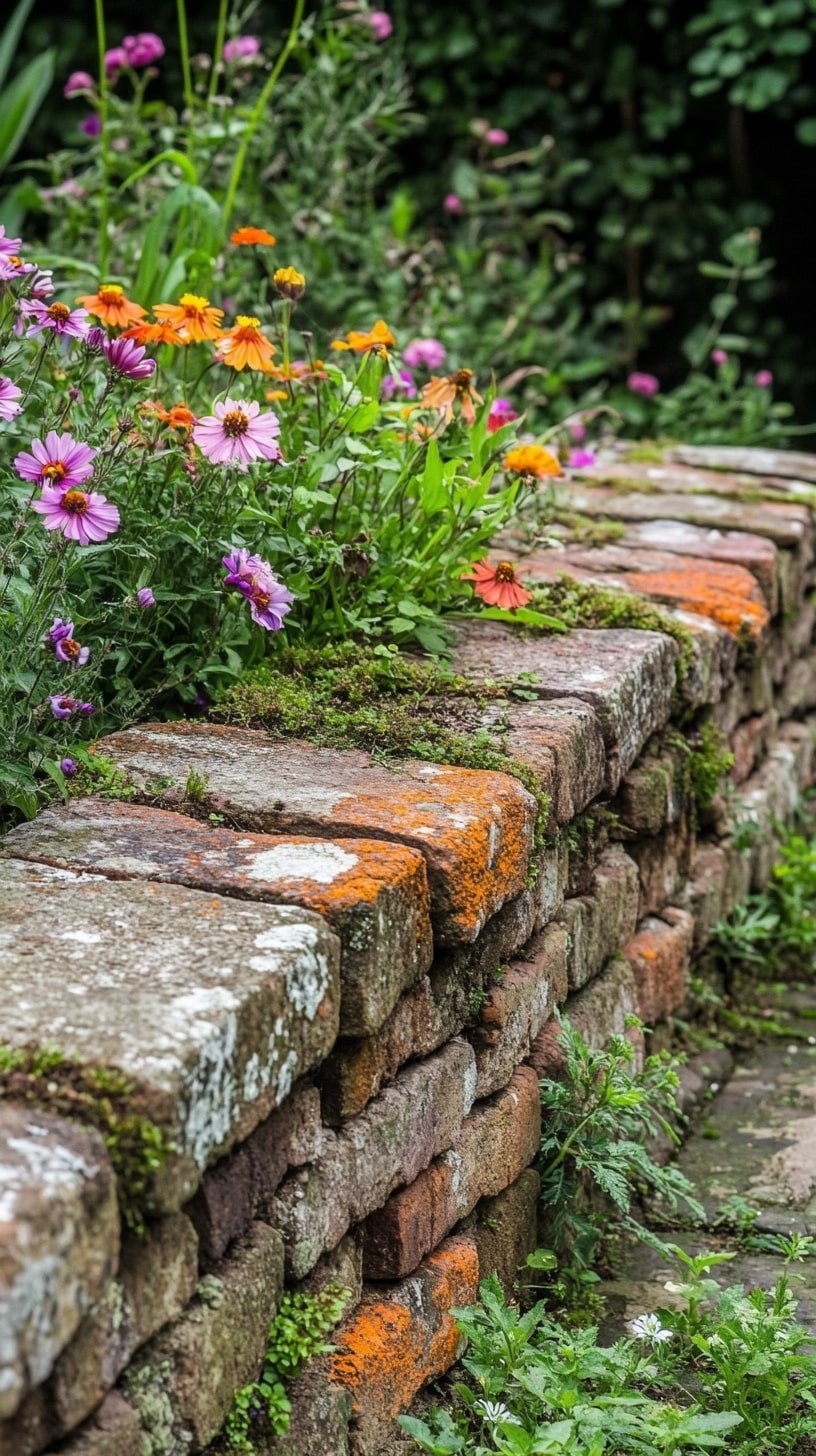 Rustic Brick Border with Moss and Irregular Shapes