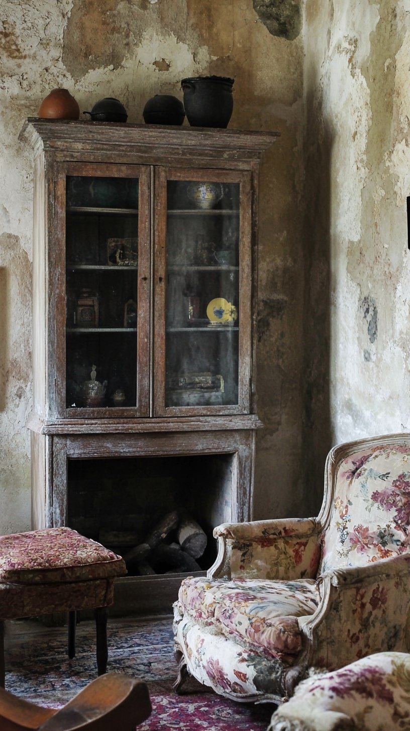  Rustic European Country Living Room with Antique Cabinet and Distressed Walls