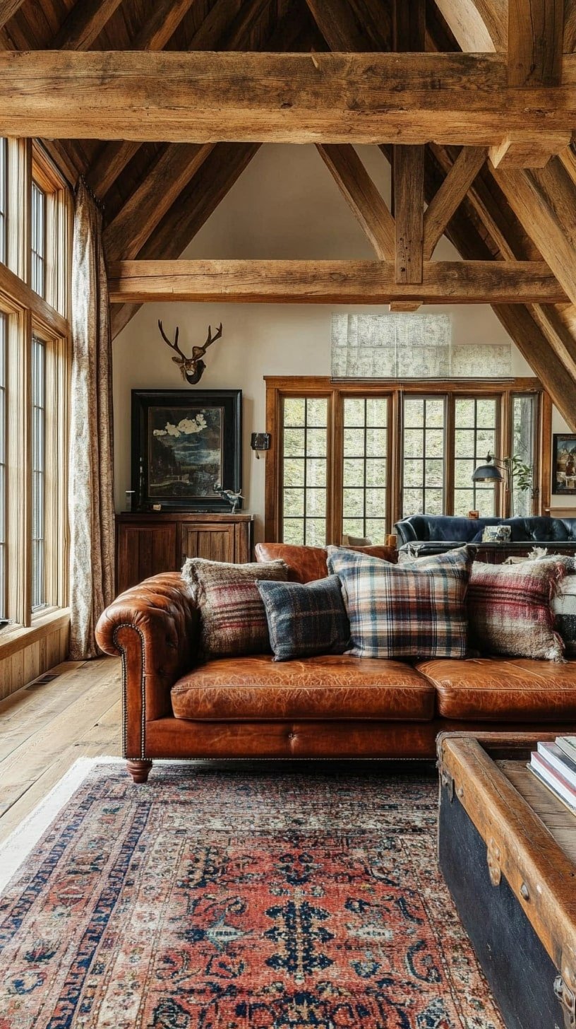 Rustic Farmhouse Living Room with Cognac Couch and Barnwood Beams