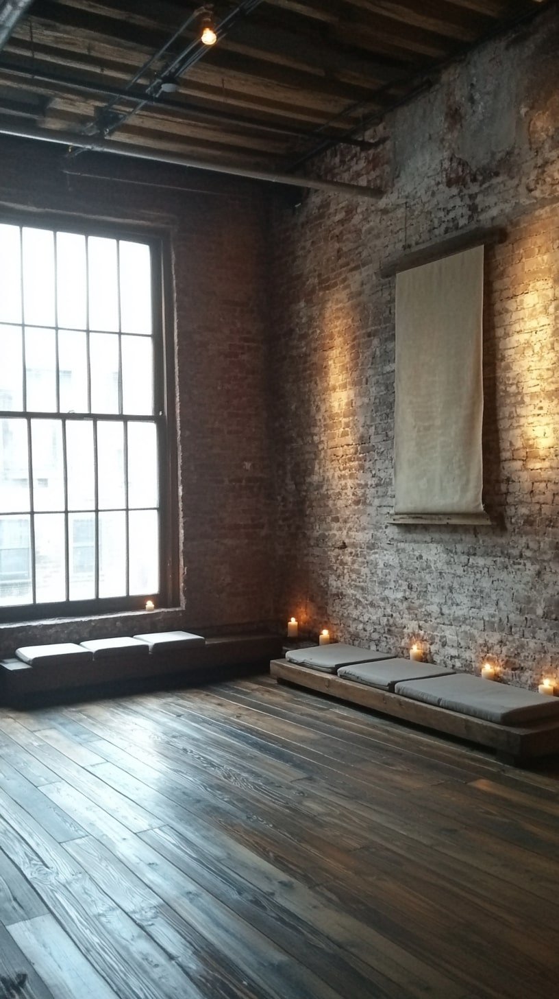 Rustic Home Yoga Studio with Brick Wall and Wood Floor