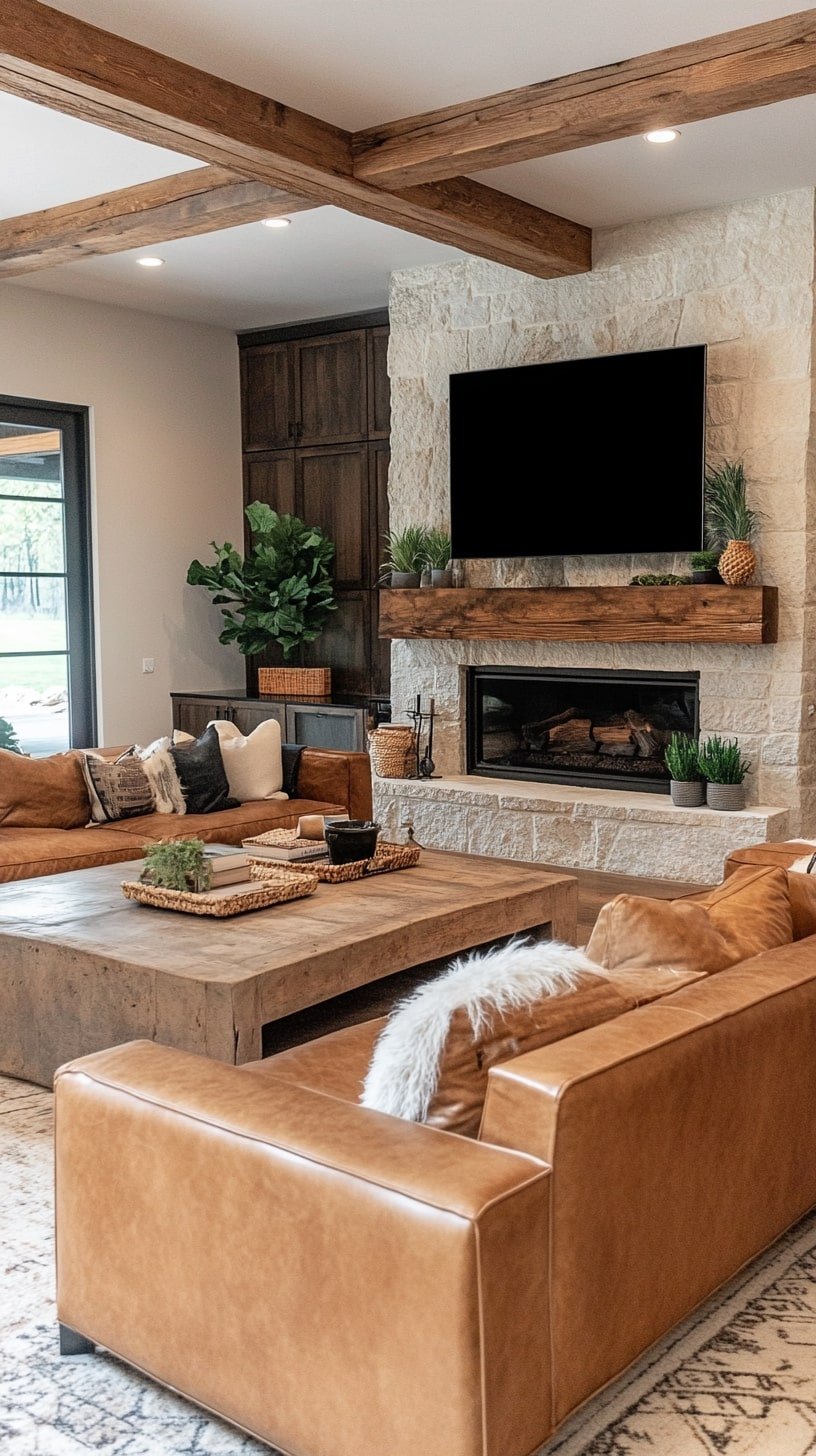 Rustic Room with Tan Leather Couch and Stone Fireplace