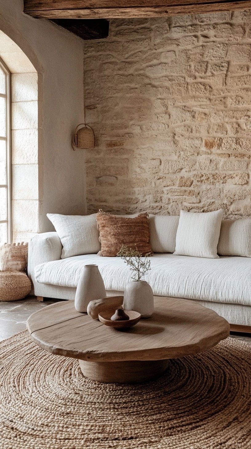 Rustic Stone Wall Living Room with Earthy Textiles