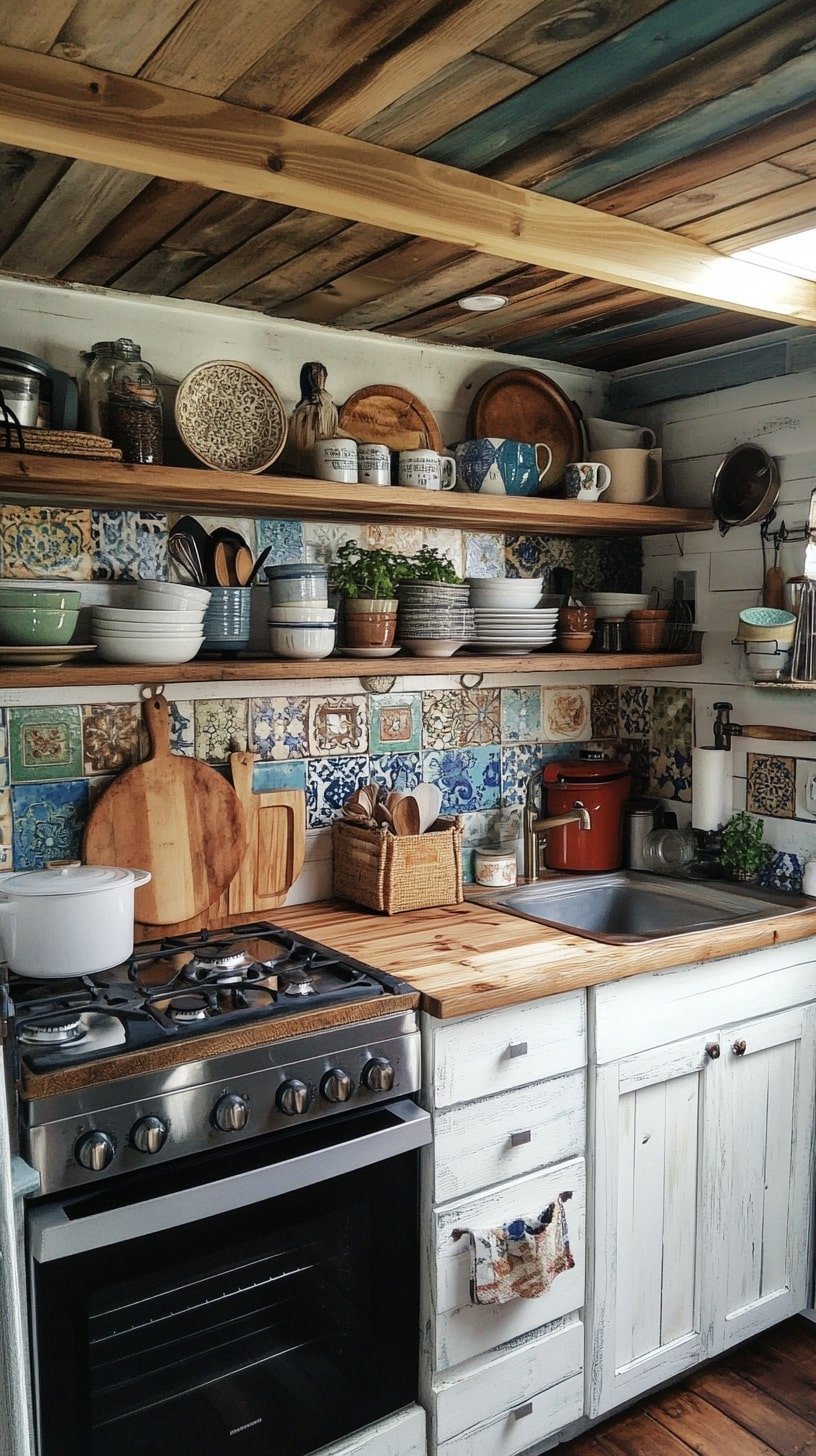 Rustic Surf Shack Kitchen with Open Shelving and Colorful Tiles