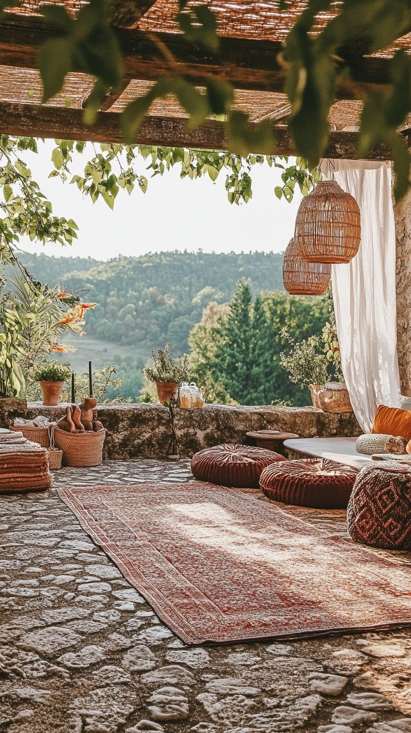 Rustic Terrace Yoga Area with Earth-Tone Decor