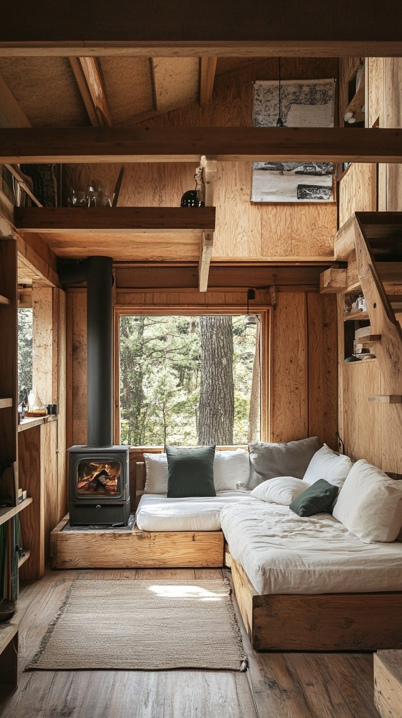Rustic Tiny Home Living Room with Exposed Beams