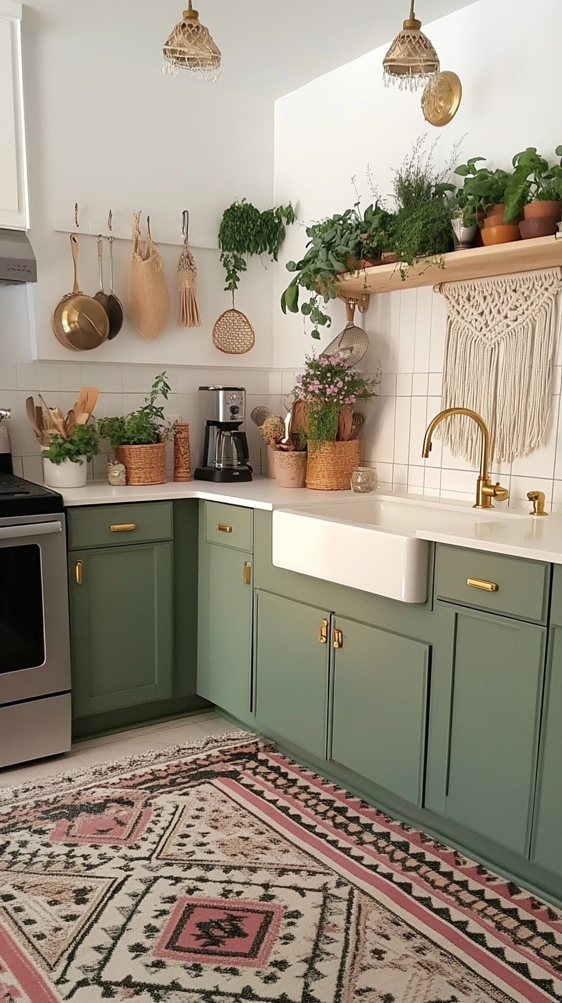 Sage Green Cabinets with Gold Hardware and Patterned Rug
