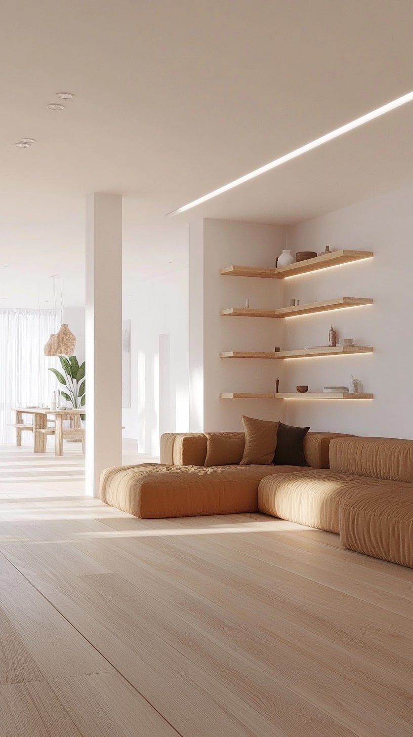 Scandinavian-Inspired Room with Cognac Sofa and Neutral Tones