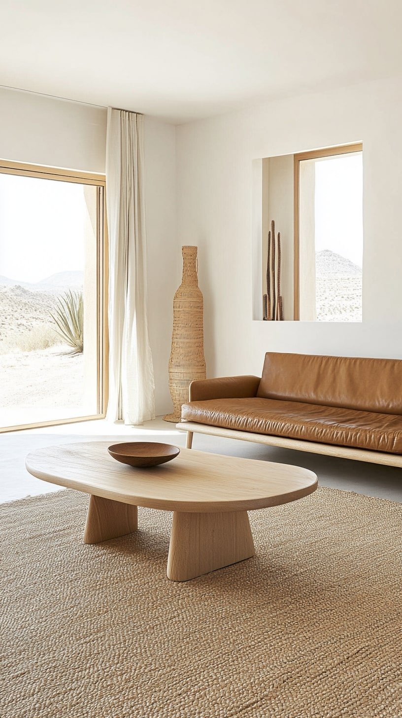 Scandinavian Living Room with Tan Leather Sofa and Light Wood Accents