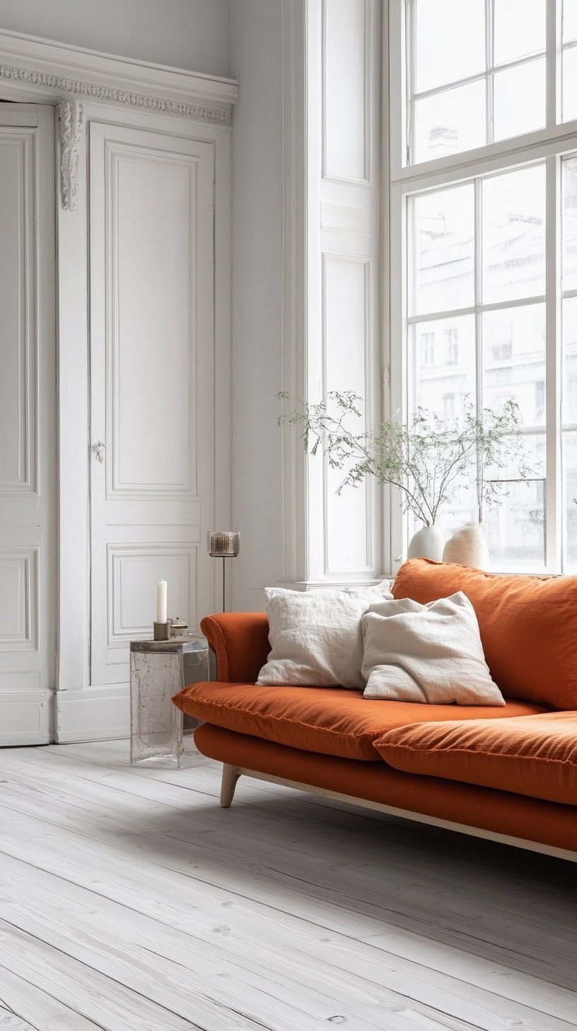 Scandinavian Living Room with Tangerine Sofa and Soft Neutrals