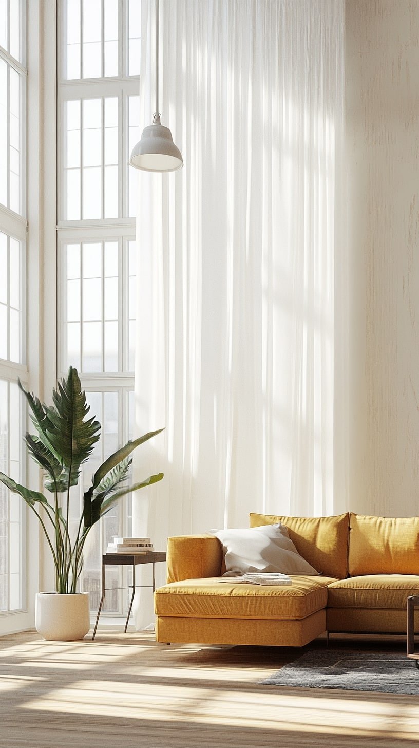 Scandinavian Loft with Pastel Yellow Sofa and Sheer Curtains