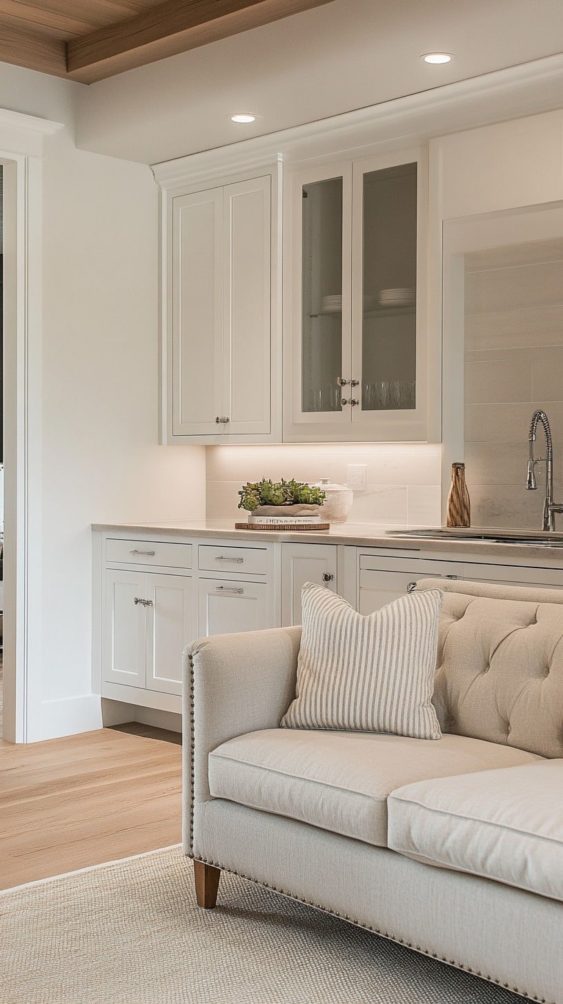 Scandinavian Open Concept with White Kitchen and Neutral Sofa