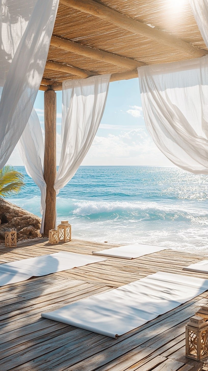 Seaside Yoga Pavilion with Flowing White Drapes