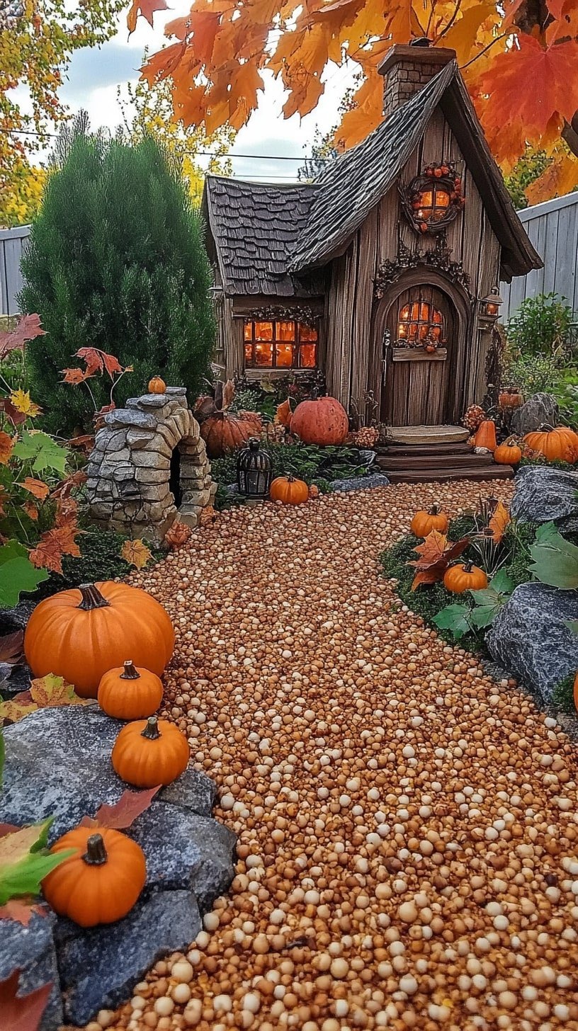 Seasonal Fairy Garden with Tiny Pumpkins and Autumn Leaves