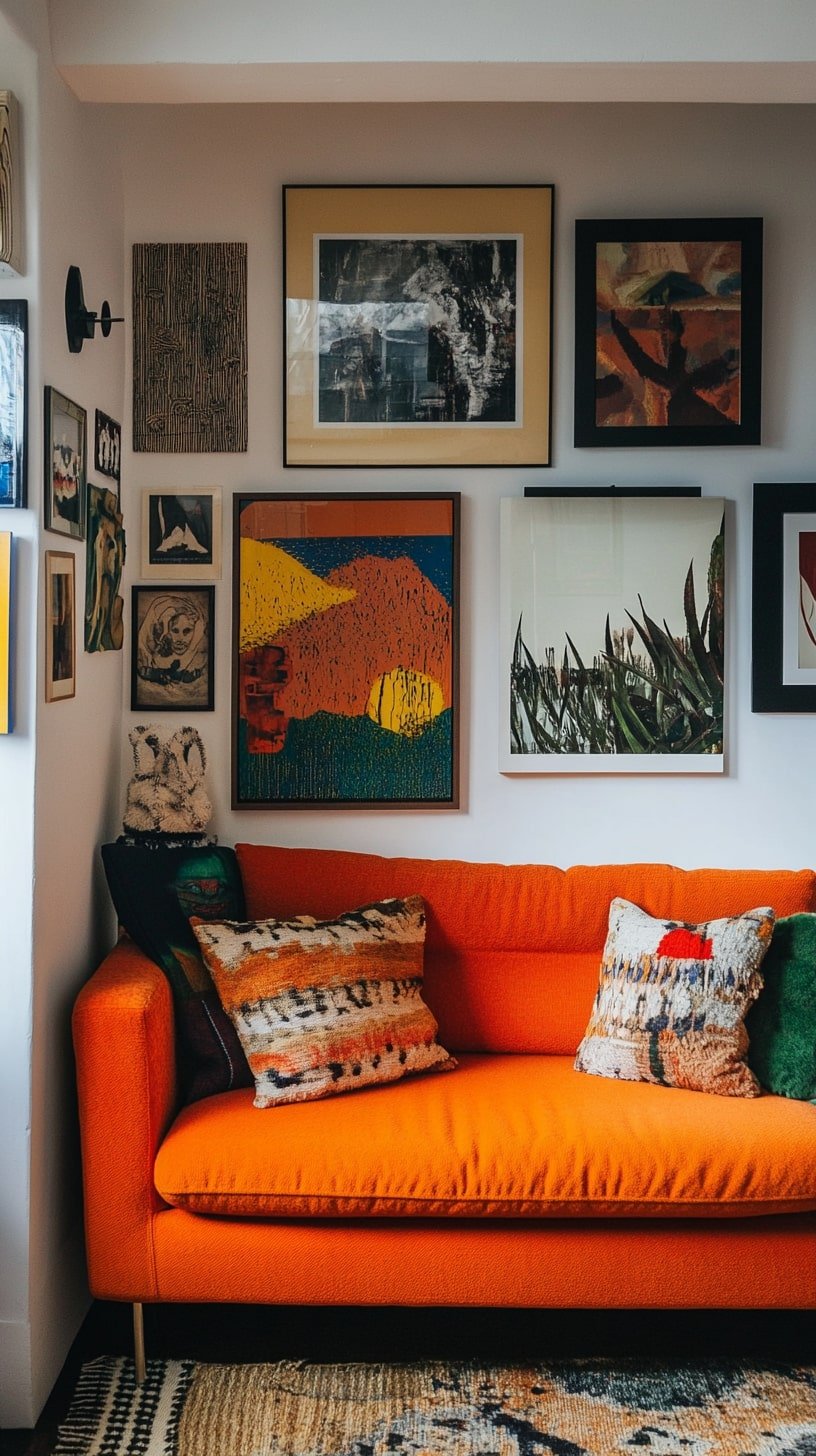Small Apartment with Bright Orange Loveseat and Gallery Wall