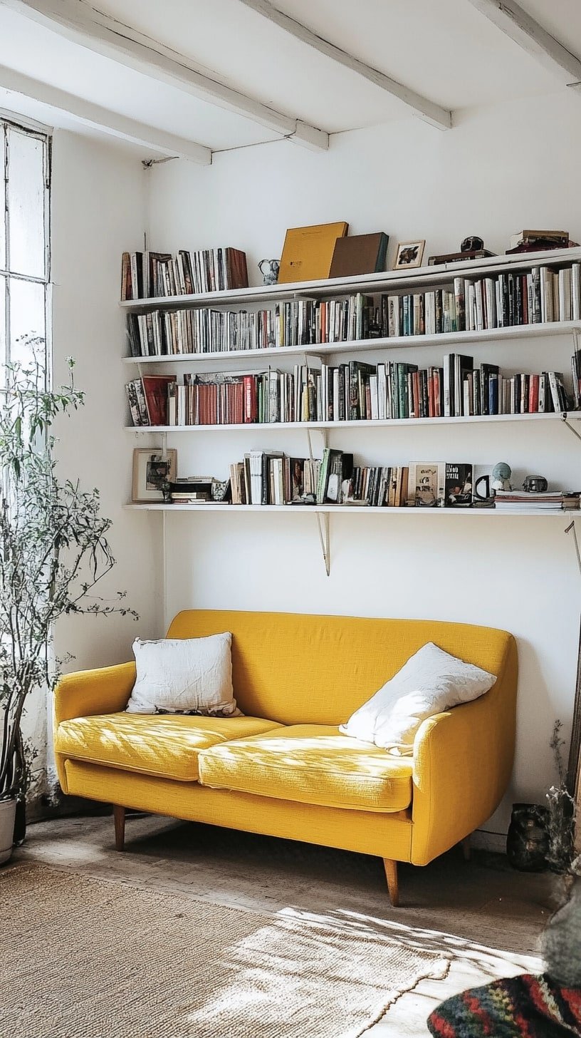 Small Apartment with Yellow Loveseat and Floating Shelves