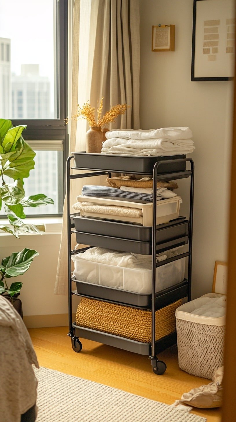 Small Dorm with Rolling Storage Cart and Underbed Drawers