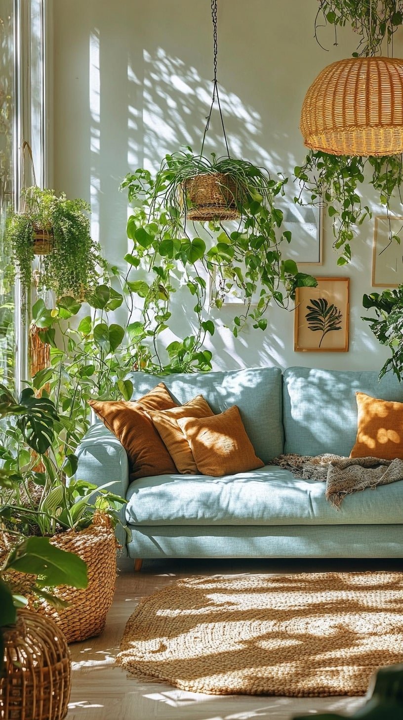 Soft Blue Couch in Boho Living Room with Earthy Tones