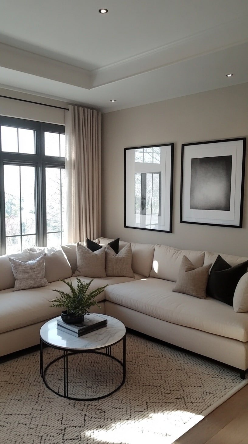 Soft Contemporary Room with Beige Sofa and Black-Framed Art