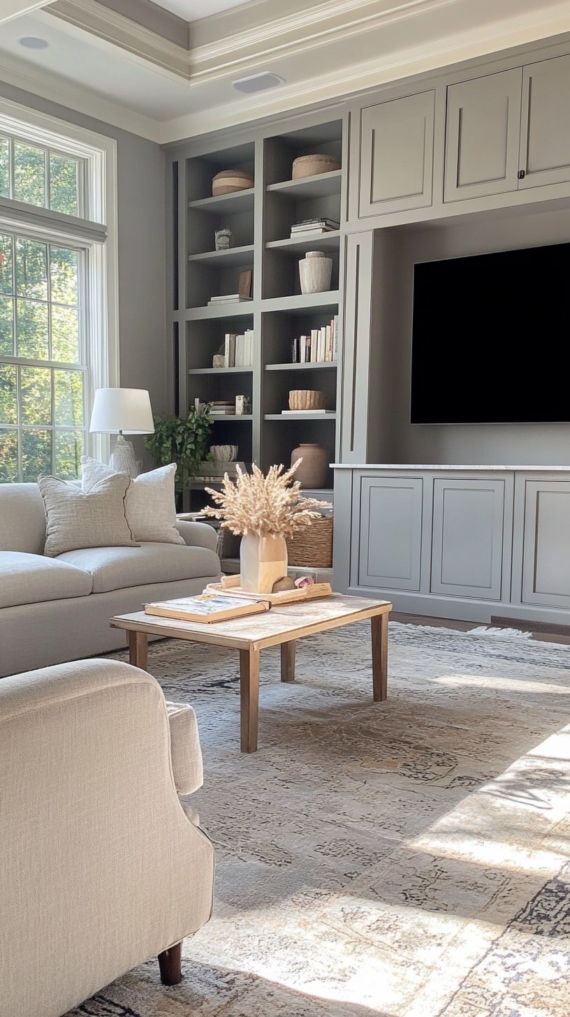 Soft Gray Living Room with White Trim and Linen Armchairs