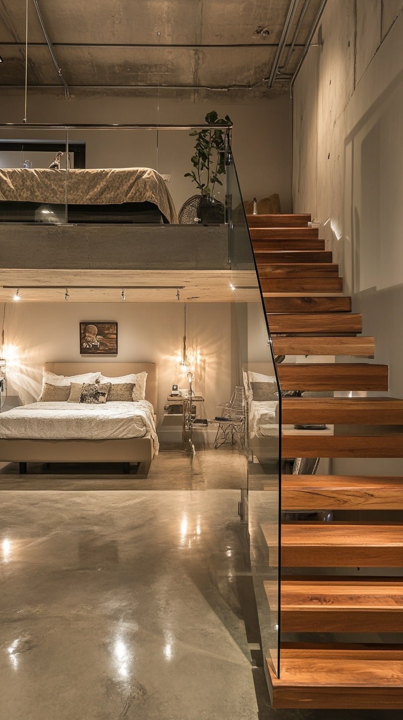 Split-Level Loft with Glass Railing and Wood Stairs