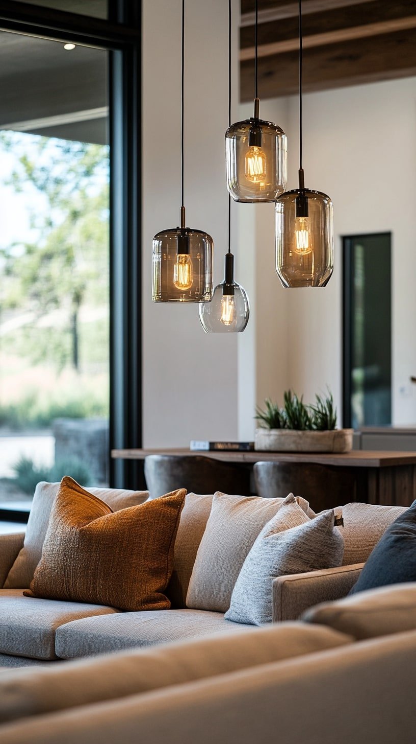 Statement Lighting in Modern Room with Mixed Materials
