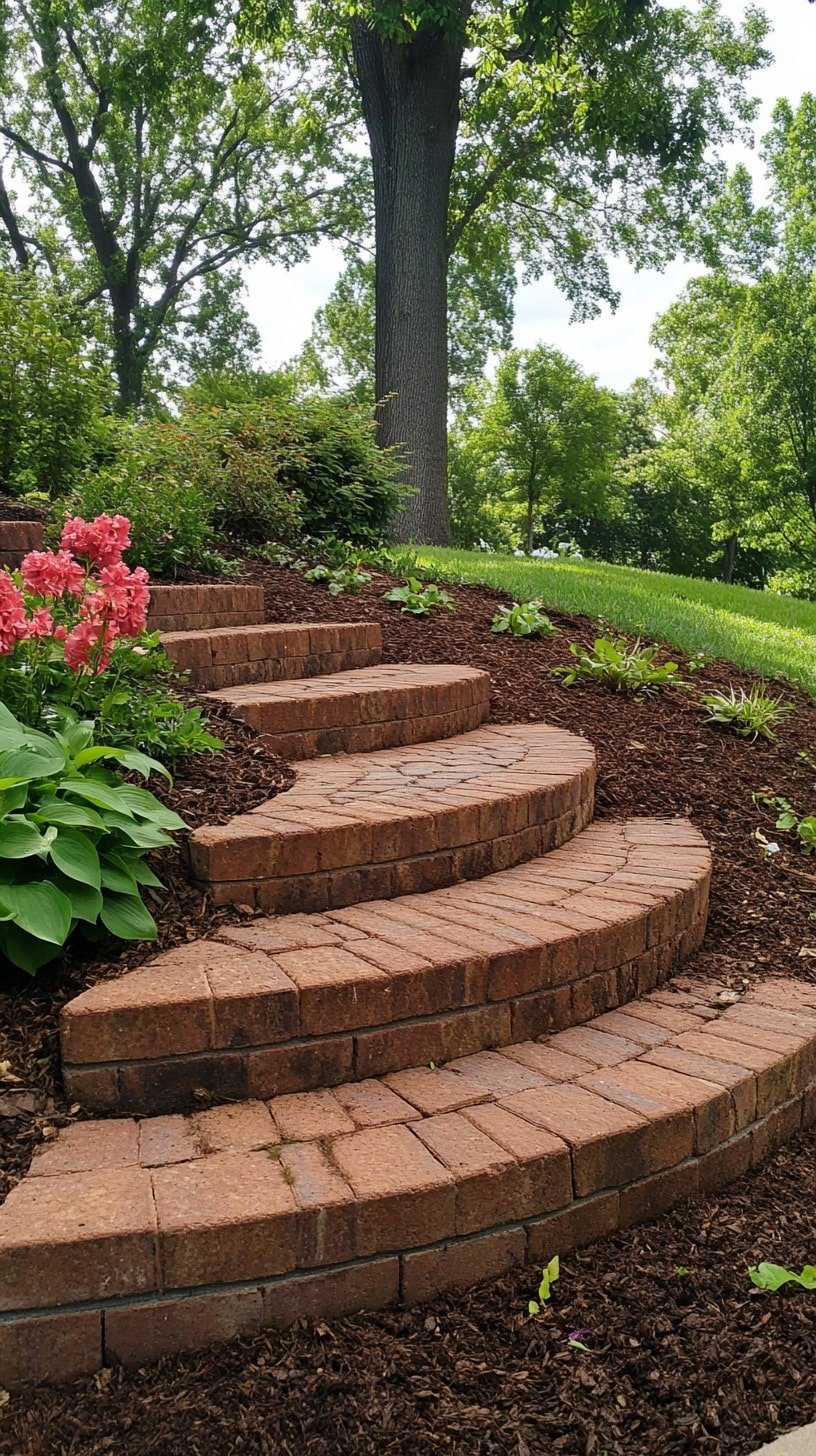 Stepped Brick Edging Down a Sloped Yard