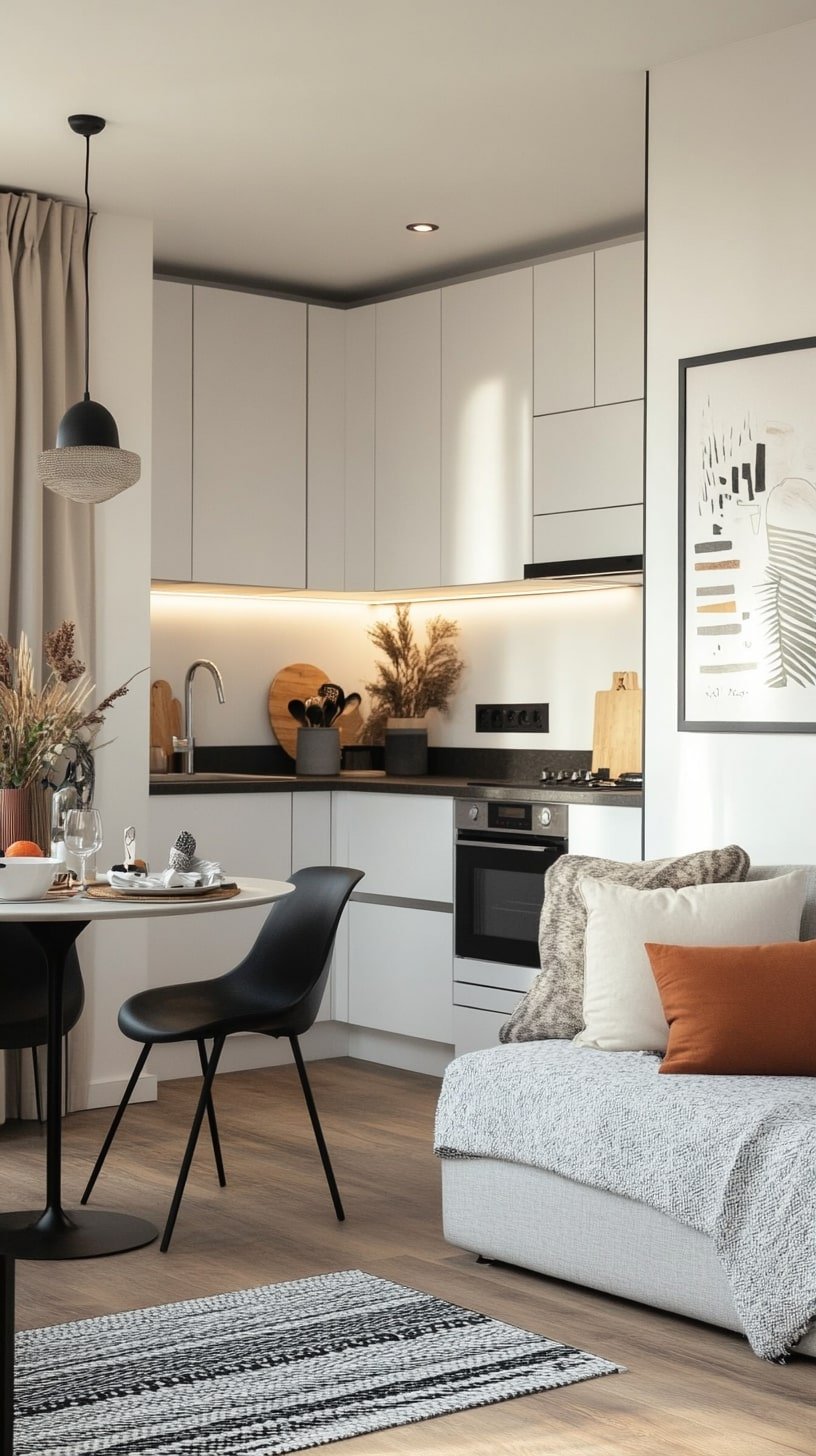 Studio Apartment Design with Fold-Out Dining and Soft Sofa