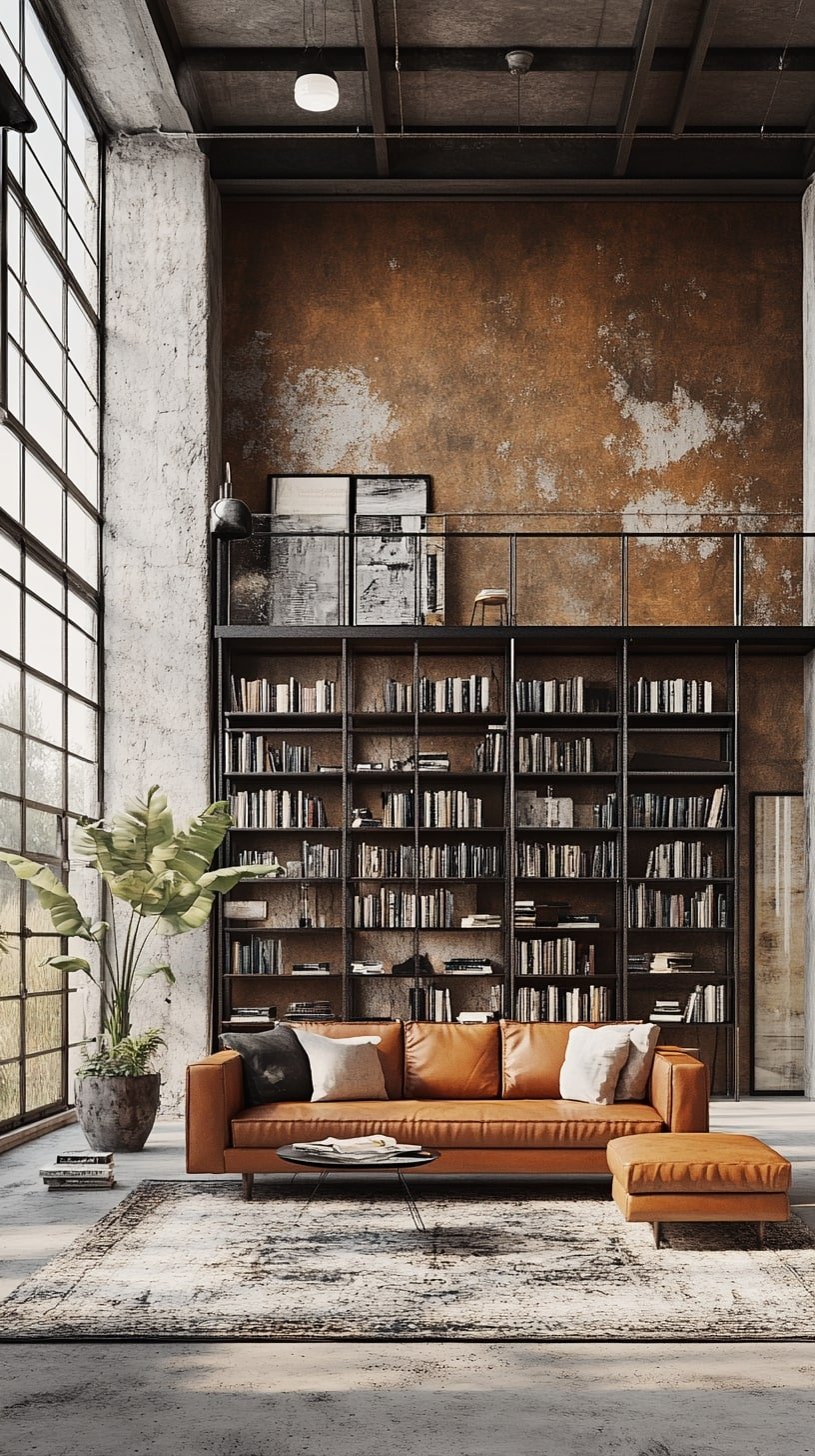 Studio Loft with Cognac Couch and Industrial Bookshelves