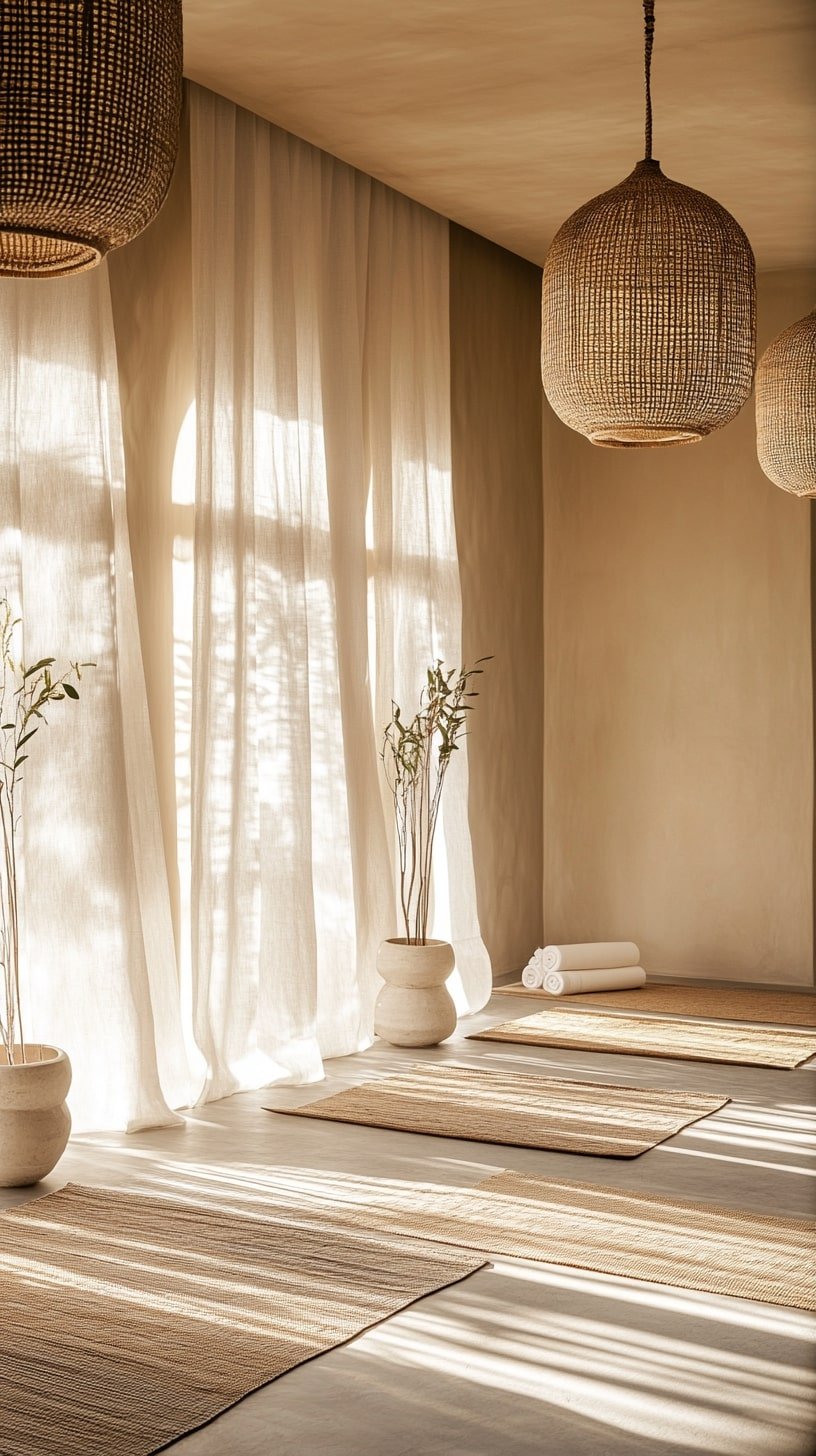 Sunlit Boho Yoga Studio with Rattan Accents