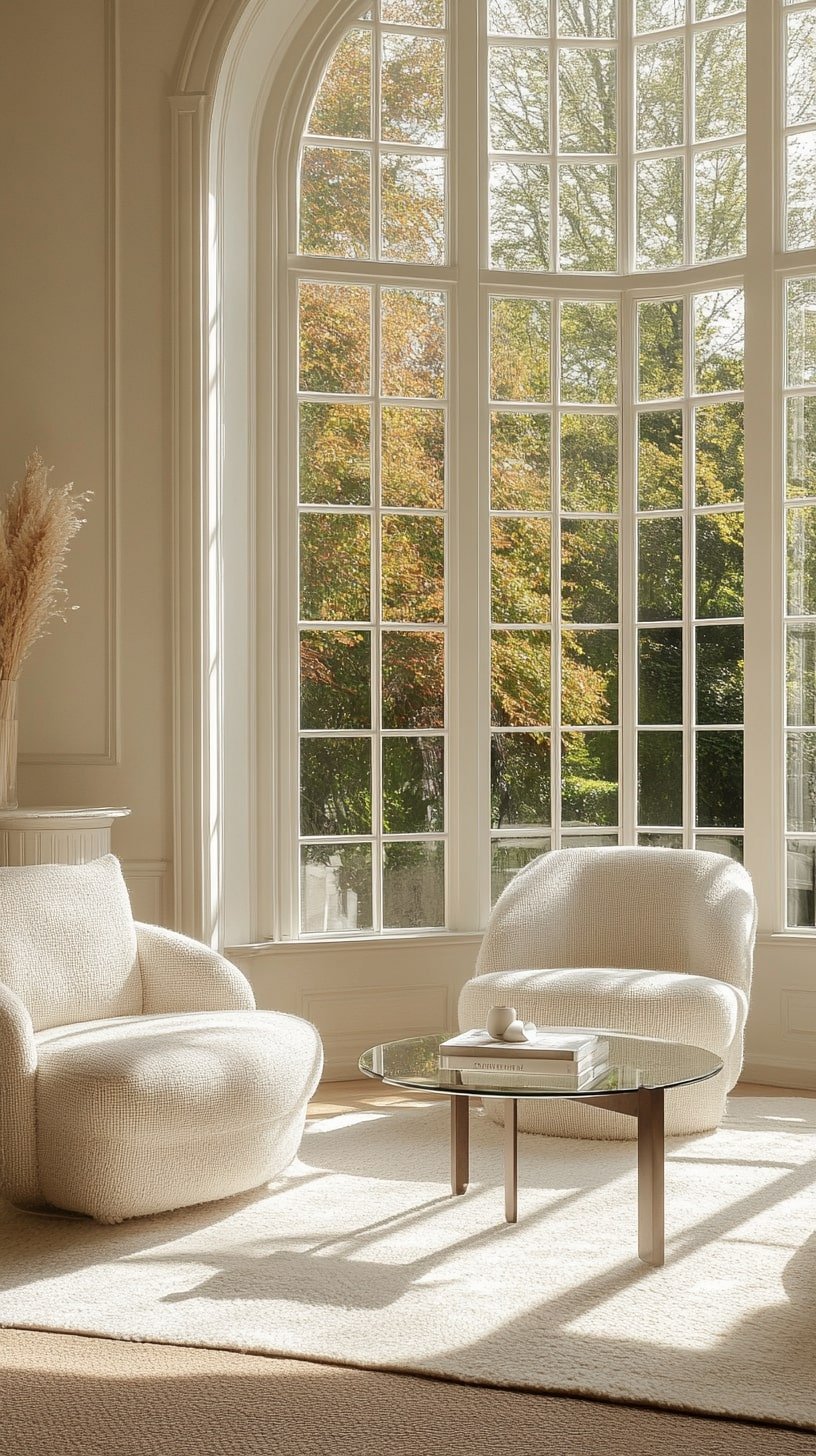 Sunny Living Room with Oversized Windows and Tailored Upholstery