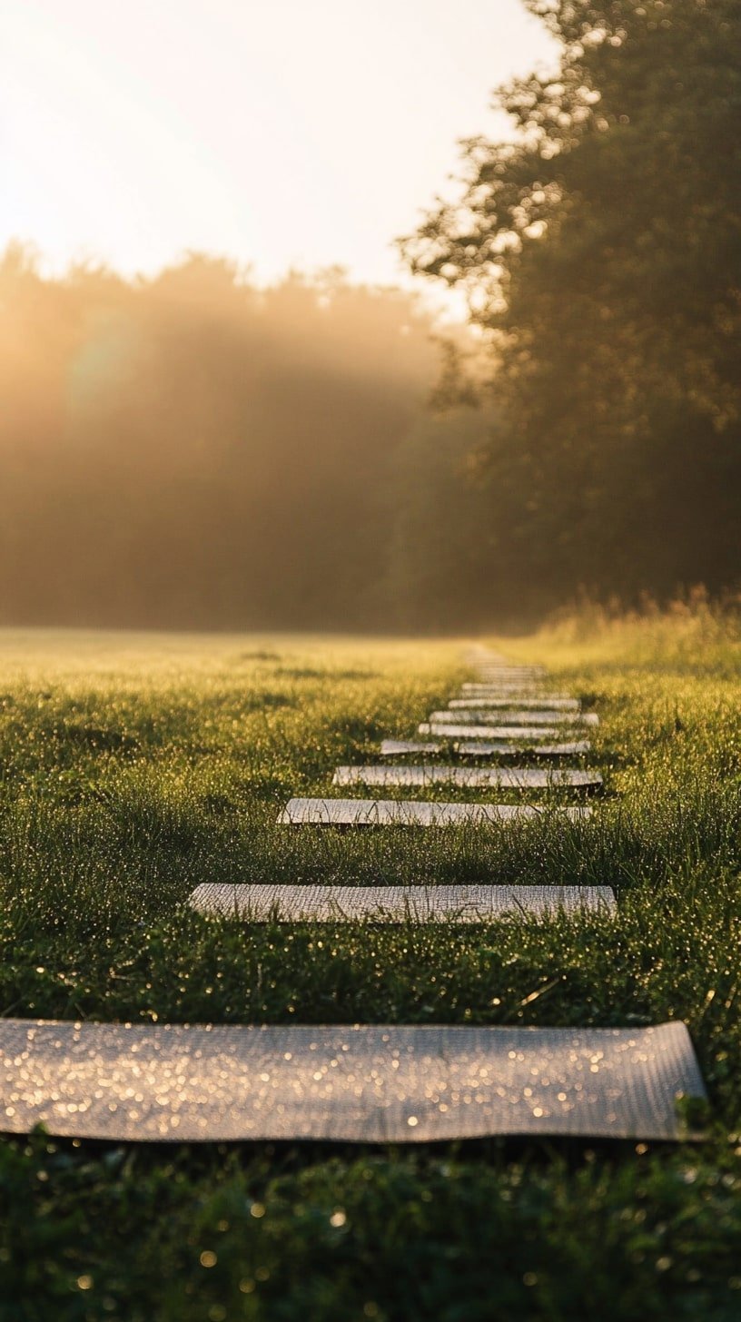 Sunrise Yoga Lawn with Folding Mats and Open Field