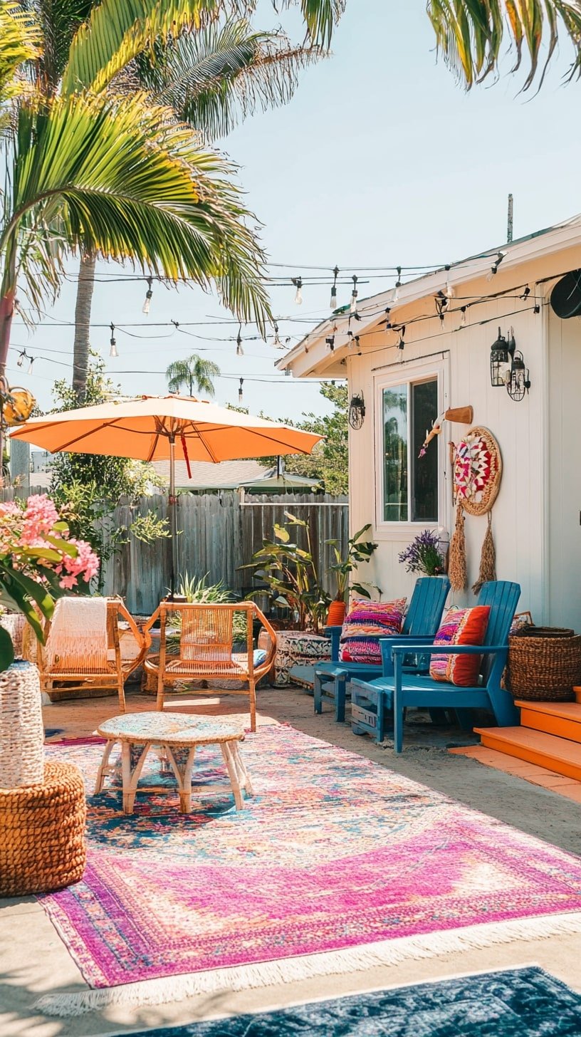 Sunset Patio Lounge with Beach Chairs and Lanterns