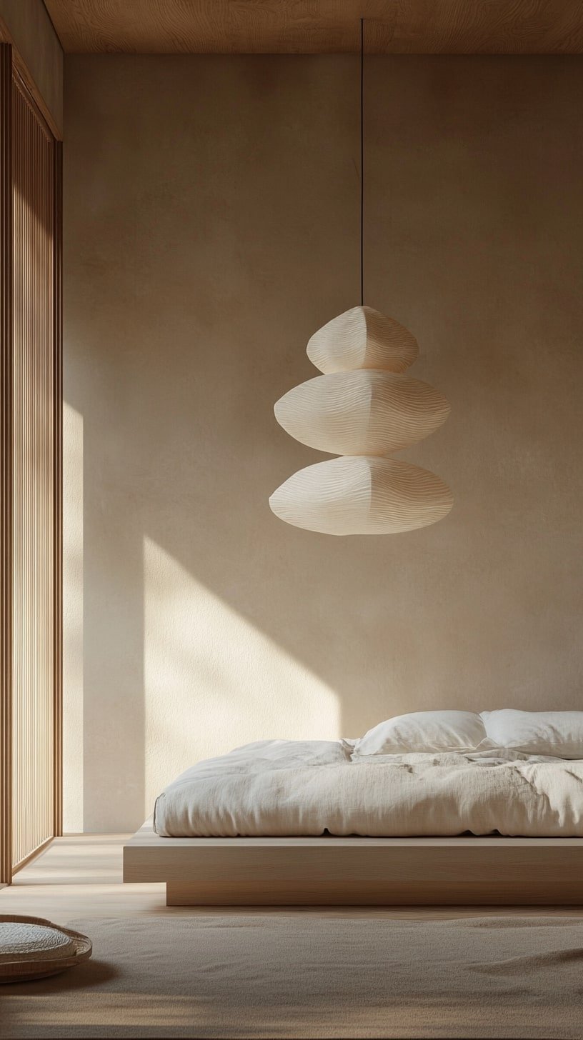 Tatami Platform Bed with Linen Throws and Paper Light Fixture