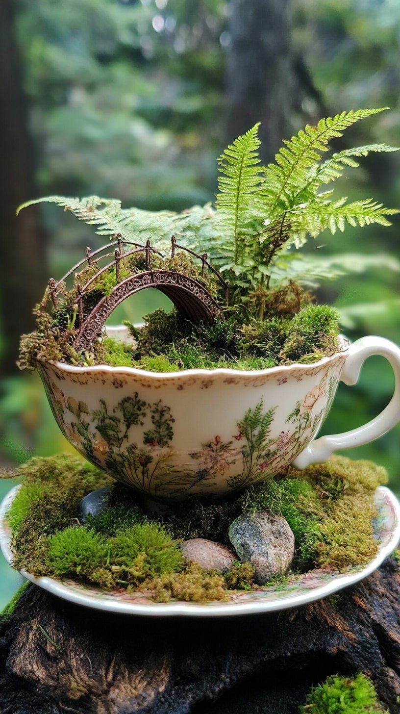 Teacup Fairy Garden with Mini Bridge and Ferns