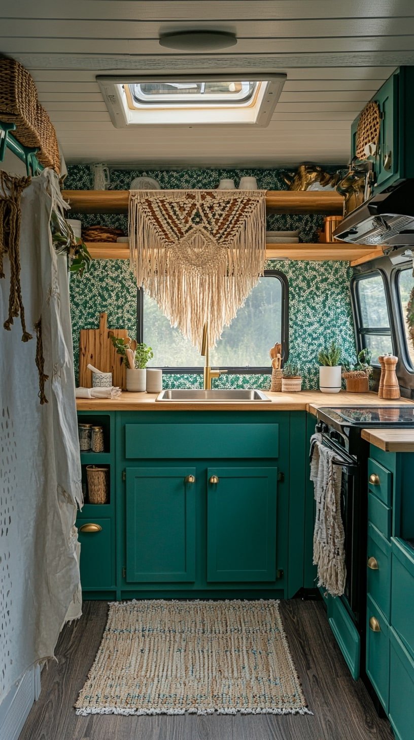 Teal and Brass Accented Kitchenette with Fringe Decor
