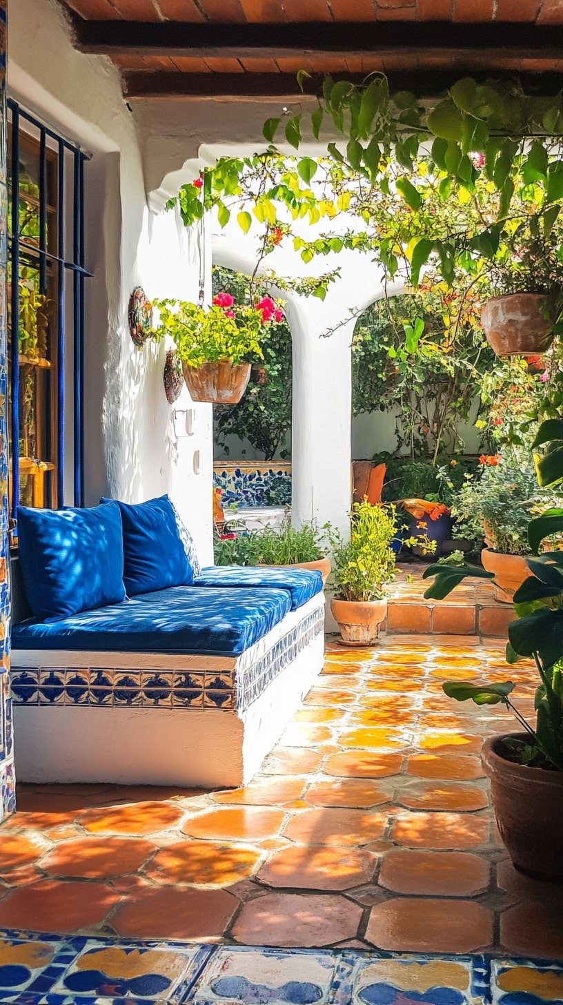Terracotta and Blue Accented Living Room with Patterned Tiles