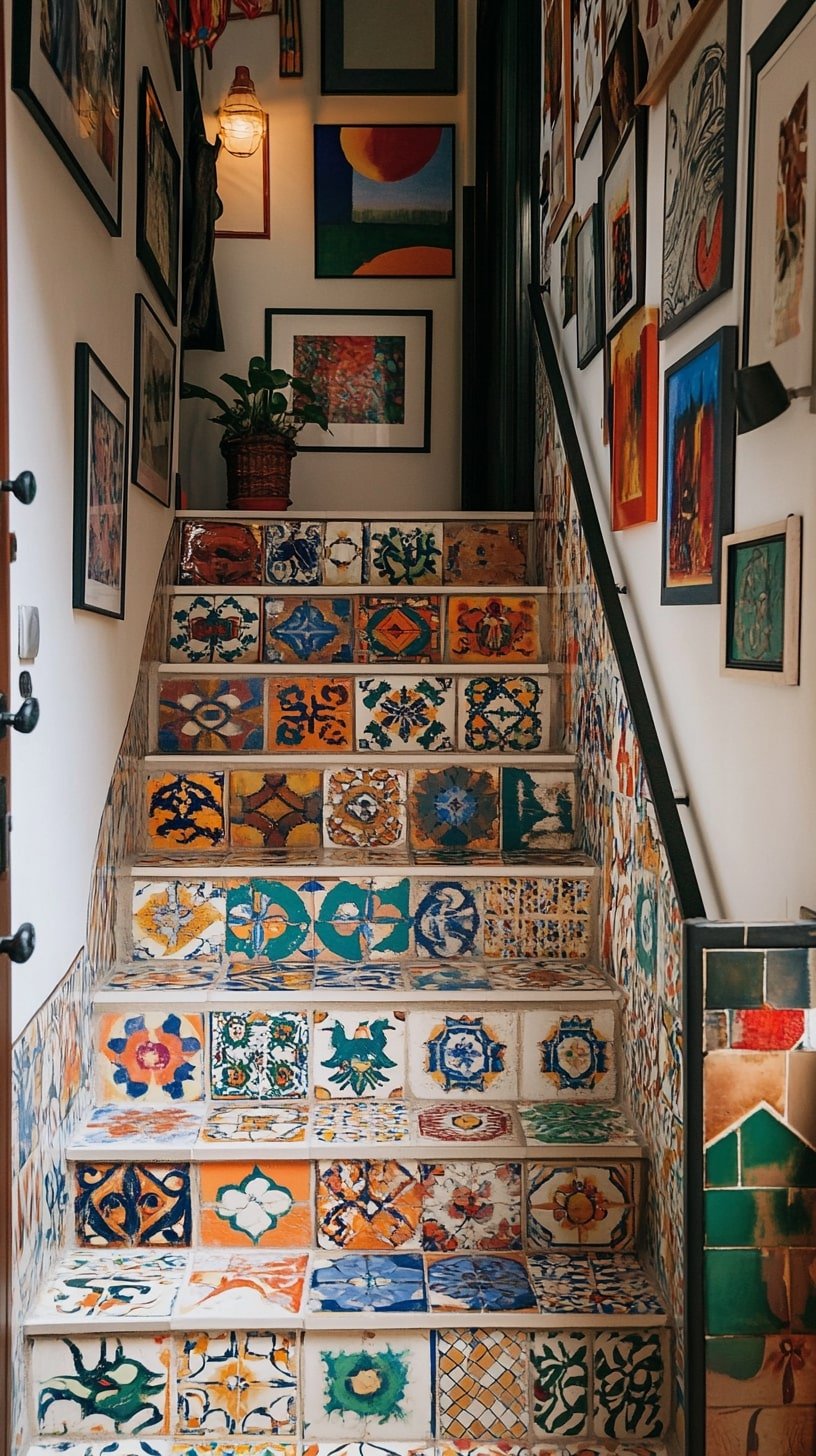 Tiled Staircase with Colorful Hand-Painted Patterns