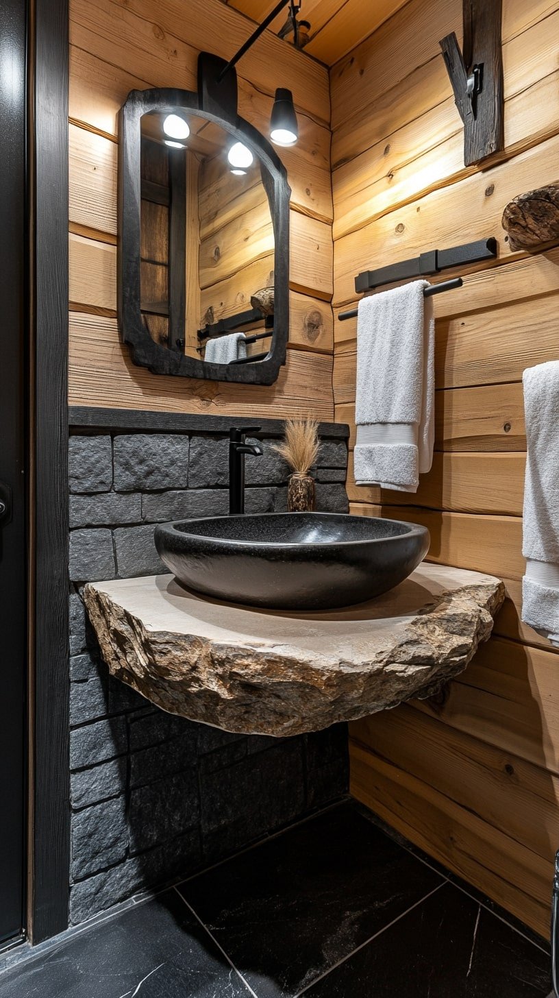 Tiny Bath Area with Stone Basin and Cedar Paneling